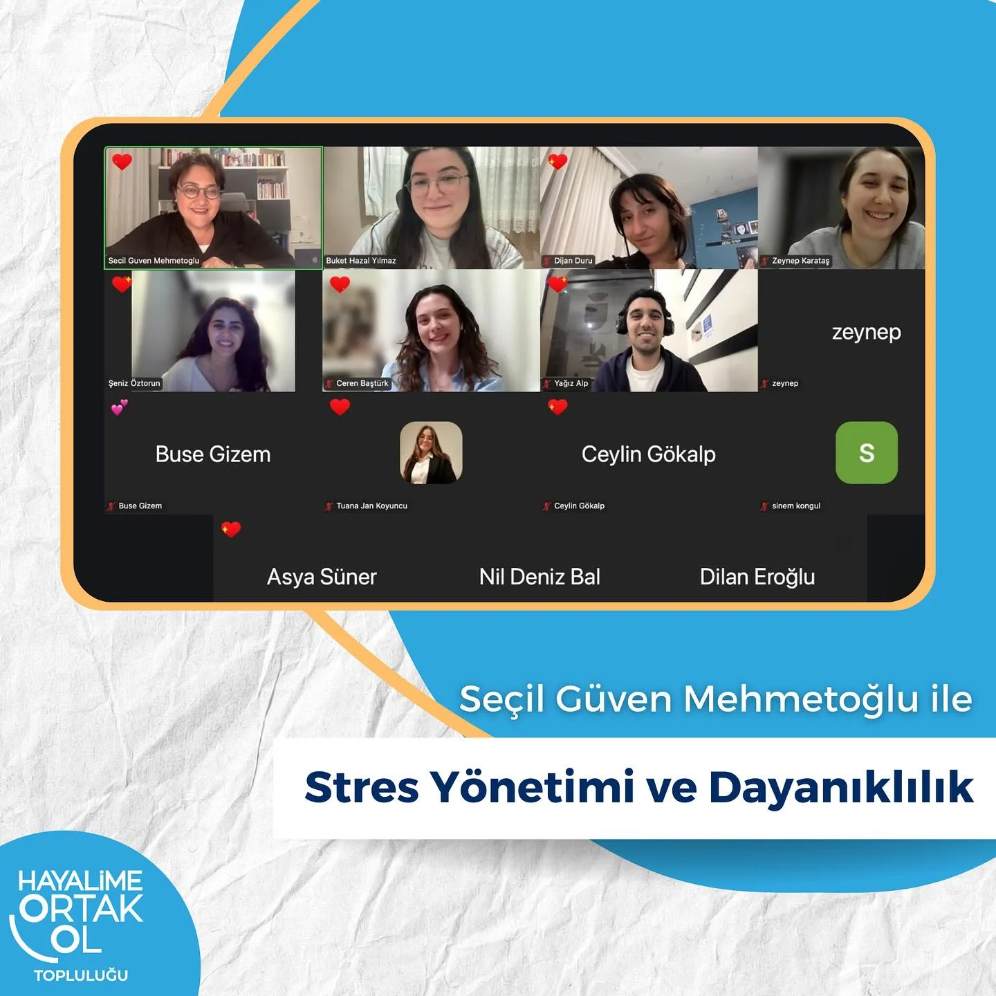 Sevgili Seçil Güven Mehmetoğlu ile Stres Yönetimi ve Dayanıklılık eğitiminde bir araya geldik.
Bu değerli buluşmada stresin ne olduğunu, stres yaratan faktörleri ve bireysel dayanıklılığı ele aldık. Keyifli ve etkileşimli oyunlar eşliğinde stresi azaltma yöntemlerini deneyimleme fırsatı bulduk. Bilgi ve deneyimlerini bizlerle paylaştığı için sevgili Seçil Hanım’a içten teşekkürlerimizi sunuyoruz. 😊🙏🏻
#HayalimeOrtakOl #StresYönetimi #Dayanıklılık #DünyayıDeğiştir #Eğitim