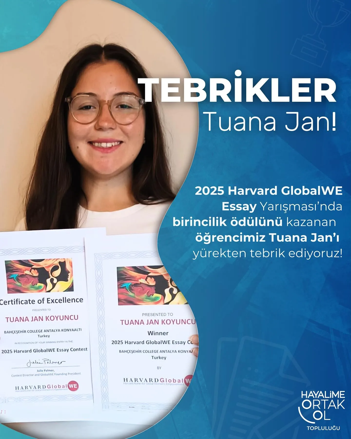 “Bugün ülkenizdeki kadınların ve kız çocuklarının karşı karşıya olduğu en büyük zorluk nedir?” konulu 2025 Harvard GlobalWE Essay Yarışması’nda birincilik ödülünü kazanarak bizlere büyük bir gurur yaşatan sevgili öğrencimiz Tuana Jan Koyuncu’yu yürekten tebrik ediyoruz! 👏🏻 Bravo Tuana Jan! 🏆📚
#HayalimeOrtakOl #DünyayıDeğiştir #HarvardGlobalWE