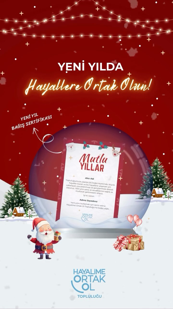 Yeni yıl, umut ve sevgi dolu başlangıçlar sunar! Umutlarla dolu yepyeni bir yıla adım atarken, sevdiklerinize hediye edebileceğiniz en güzel hediye önerisi 👉🏻 Hayalime Ortak Ol Topluluğu “Yeni Yıl Bağış Sertifikası” ❤🎄
Profilimizdeki linkten inceleyebileceğiniz bu sertifikayla, yeni yıl heyecanını sevdiklerinizle paylaşırken, aynı zamanda çocuklarımızın ve gençlerimizin eğitim, spor, sanat ve teknoloji alanlarında fırsat eşitliği yaratma yolculuğumuza katkıda bulunmuş olacaksınız. Yeni başlangıçların ve umutların zamanı olan bu özel dönemde, sevgimizi ve mutluluğumuzu paylaşarak eşit yarınlar inşa edelim!🥳